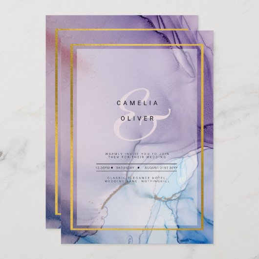 Stoffige paarse marineblauwe gouden INK bruiloft U Kaart (Voorkant / Achterkant)