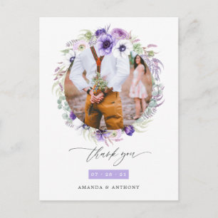 Stoffige Paarse Pastel Bloemige Trouwfoto Bedankt Briefkaart