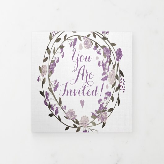 Stoffige Paarse Pioen Bloemen Krans Bruiloft Drieluik Uitnodiging (Cover)