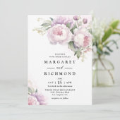 Stoffige Paarse pioen Elegante Waterverf bruiloft Kaart (Staand voorkant)