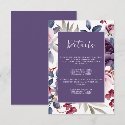 stoffige paarse roos bloemenbruiloft waterverf informatiekaartje (Voorkant / Achterkant)