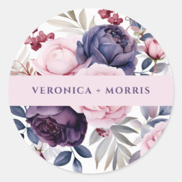 Stoffige paarse roos bloemenbruiloft waterverf ronde sticker