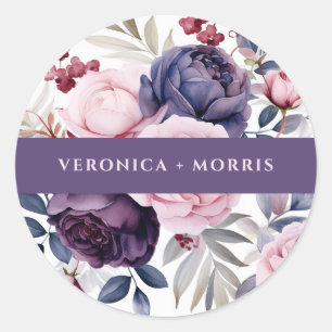 Stoffige paarse roos bloemenbruiloft waterverf ronde sticker