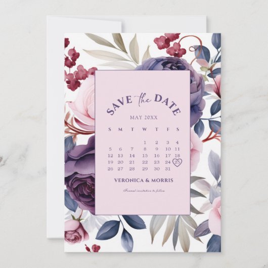 Stoffige paarse roos bloemenkalender bruiloft save the date (Voorkant)