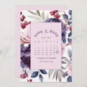 Stoffige paarse roos bloemenkalender bruiloft save the date (Voorkant / Achterkant)