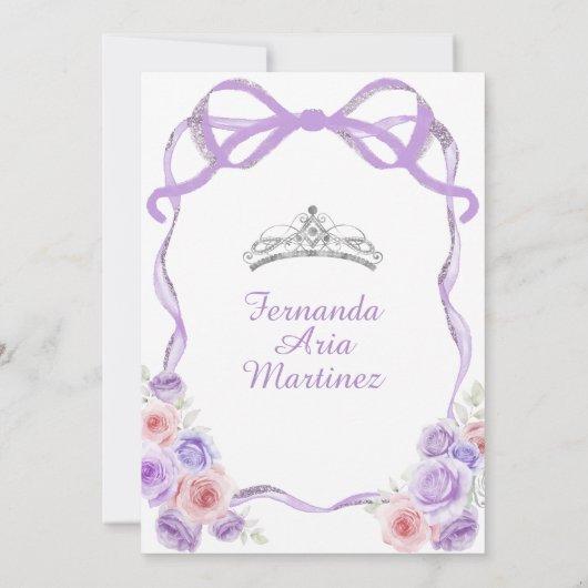 Stoffige Paarse Roze Bloemboog Zilver Mis Quince Kaart (Achterkant)