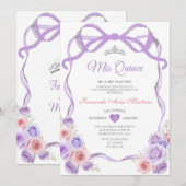 Stoffige Paarse Roze Bloemboog Zilver Mis Quince Kaart (Voorkant / Achterkant)