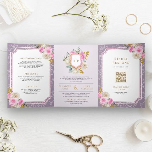 Stoffige Paarse Roze Bloemen Alles in één Kreeft b Drieluik Uitnodiging