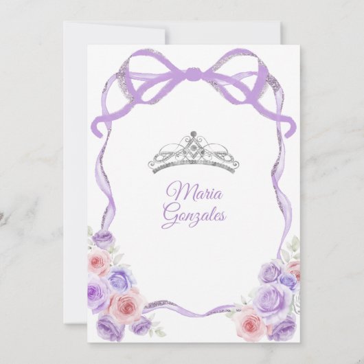 Stoffige Paarse Roze Bow Princess Silver Quinceañe Kaart (Achterkant)