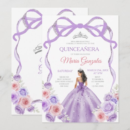 Stoffige Paarse Roze Bow Princess Silver Quinceañe Kaart (Voorkant / Achterkant)