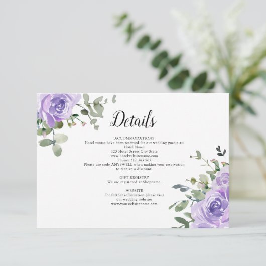 Stoffige Paarse Rozen Eucalyptus bruiloft details Informatiekaartje (Staand voorkant)