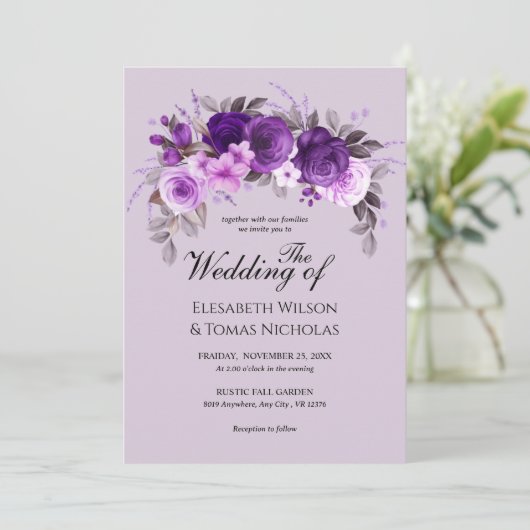 Stoffige Paarse Rozen & groen zilveren bruiloft Kaart (Staand voorkant)