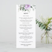 Stoffige Paarse rustieke bloemen bruiloft menu (Staand voorkant)