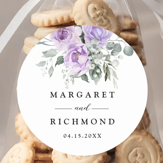 Stoffige Paarse rustieke bloemenbruiloft Ronde Sticker