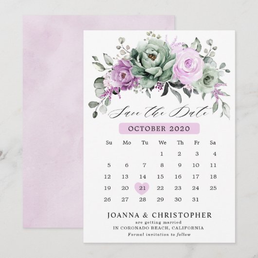 Stoffige Paarse Salie groene waterverf Bloemenbrui Save The Date (Voorkant / Achterkant)