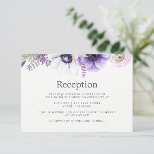 Stoffige Paarse Trouw Waterverf Bloemige Ontvangst Kaart (Staand voorkant)