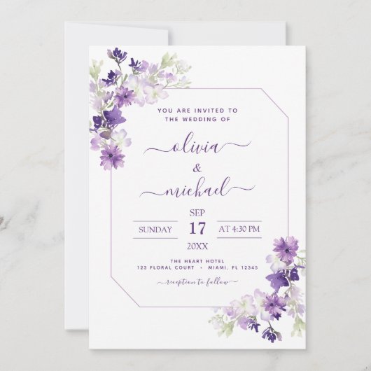 Stoffige Paarse Trouwbloemen Groene Beplanting Kaart (Voorkant)