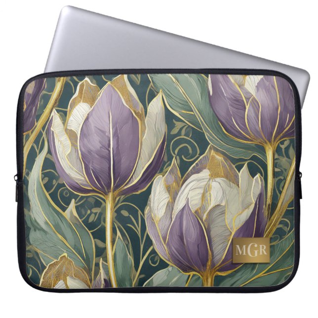 Stoffige Paarse Tulp Droom - Botanisch Monogram Laptop Sleeve (Voorkant)