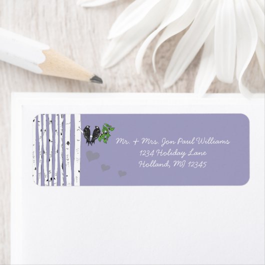 Stoffige Paarse  vogeltjes Birch Tree Etiket (Insitu)