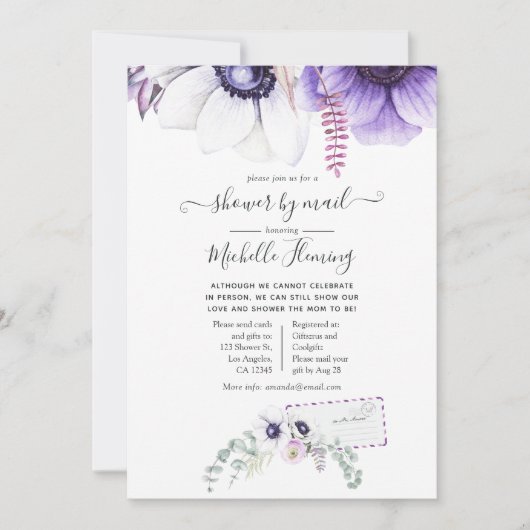 Stoffige paarse waterverf bloemachtige babyshower  kaart (Voorkant)