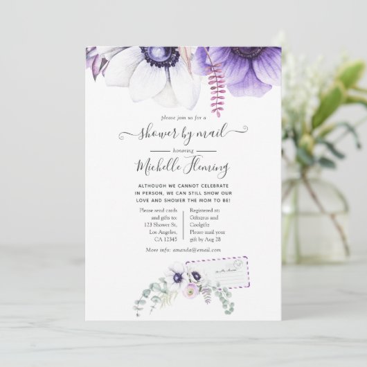 Stoffige paarse waterverf bloemachtige babyshower  kaart (Staand voorkant)