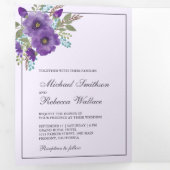 Stoffige Paarse Waterverf Bloemen Fotobruiloft Drieluik Uitnodiging (Binnenzijde eerst)
