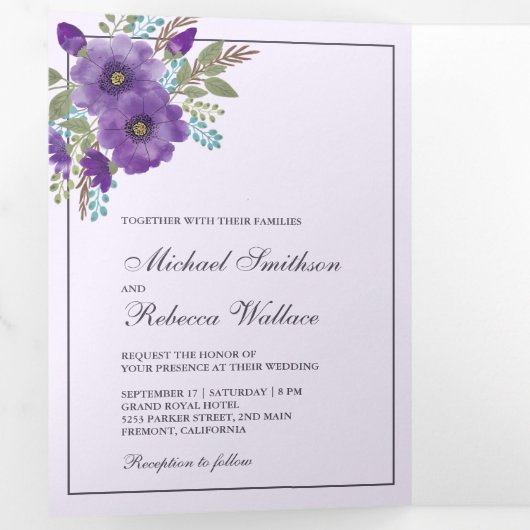 Stoffige Paarse Waterverf Bloemen Fotobruiloft Drieluik Uitnodiging (Binnenzijde eerst)