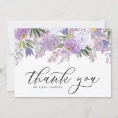Stoffige paarse waterverf bloemenkrans bruiloft bedankkaart (Voorkant)
