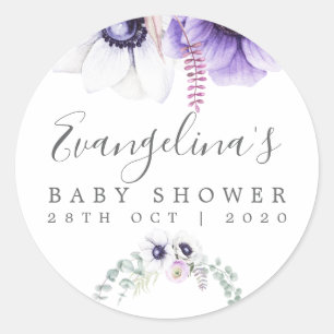Stoffige Paarse Waterverf Bloemetjes Baby Shower Ronde Sticker