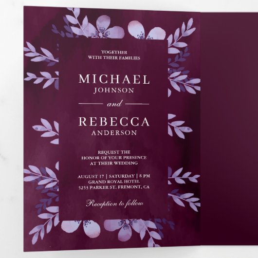 Stoffige Paarse Waterverf Bloemfoto Plum bruiloft Drieluik Uitnodiging (Binnenzijde eerst)