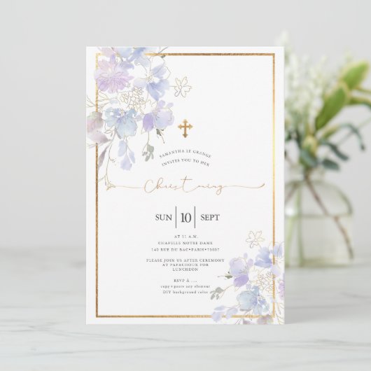 Stoffige Paarse Waterverf Sweet Peas Christening Kaart (Staand voorkant)