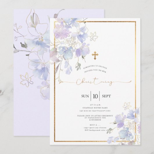 Stoffige Paarse Waterverf Sweet Peas Christening Kaart (Voorkant / Achterkant)