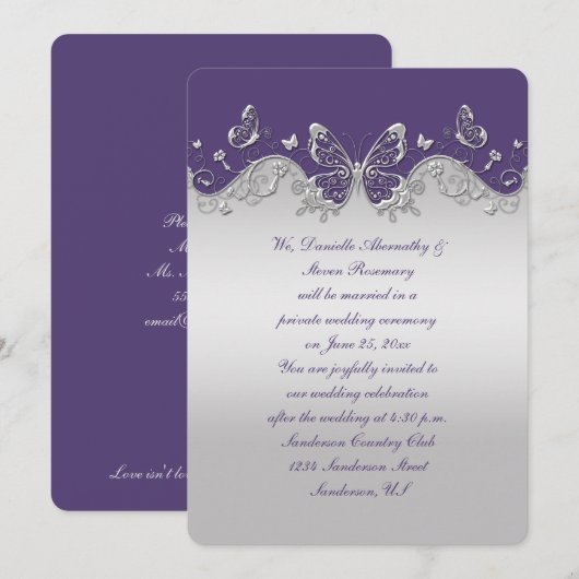 Stoffige Paarse Zilveren Vlinders Ontvangst Only Kaart (Voorkant / Achterkant)