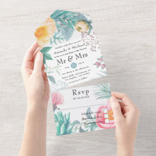 Stoffige Pastel Tropische Bloemen Bruiloft All In One Uitnodiging