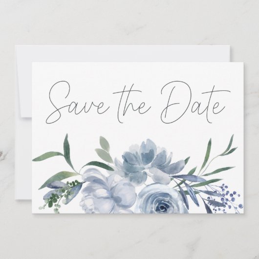Stoffige Pastelblauwe Bloemen Save The Date (Voorkant)