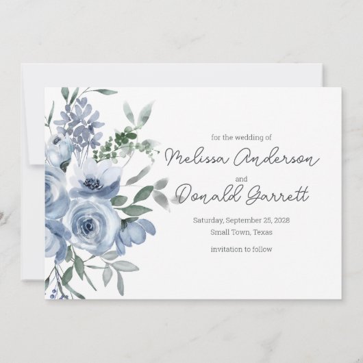 Stoffige Pastelblauwe Bloemen Save The Date (Achterkant)