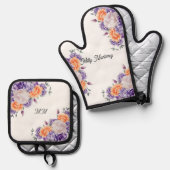 Stoffige Plum en Licht Oranje Pioenrozen Ovenwant & Pannenlap Set (Voorkant / Achterkant)