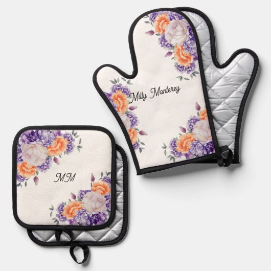 Stoffige Plum en Licht Oranje Pioenrozen Ovenwant & Pannenlap Set (Voorkant / Achterkant)