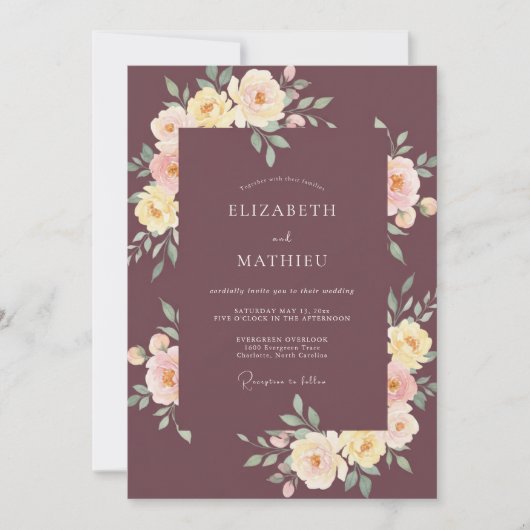 Stoffige Plum Ranunculus Eucalyptus Bruiloft Kaart (Voorkant)