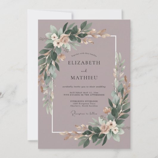 Stoffige Pruim Eucalyptus Bruiloft Kaart (Voorkant)