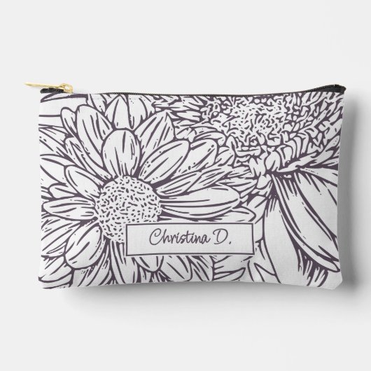 Stoffige pruim op witte chrysanten met naam etui (Voorkant)