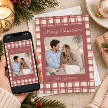 Stoffige rode crème ruitpatroon foto kerstkaart