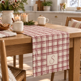 Stoffige rode crèmekleurige tartan geruite monogra korte tafelloper