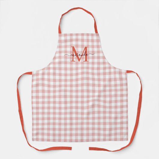 Stoffige rode geruite schort met monogram en naam (Voorkant)