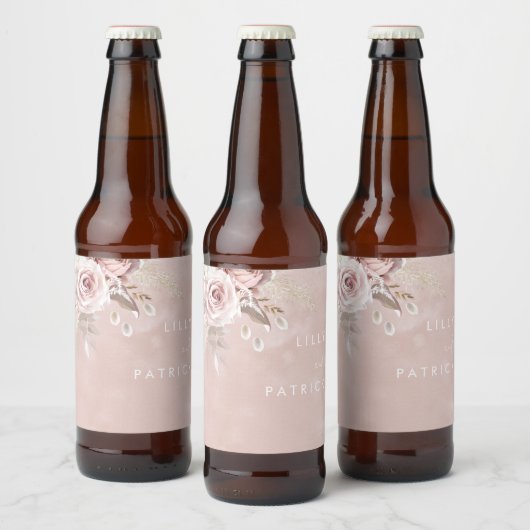 Stoffige Roos Bloemen Waterverf Blozende Trouw Ver Bier Etiket (Flessen)