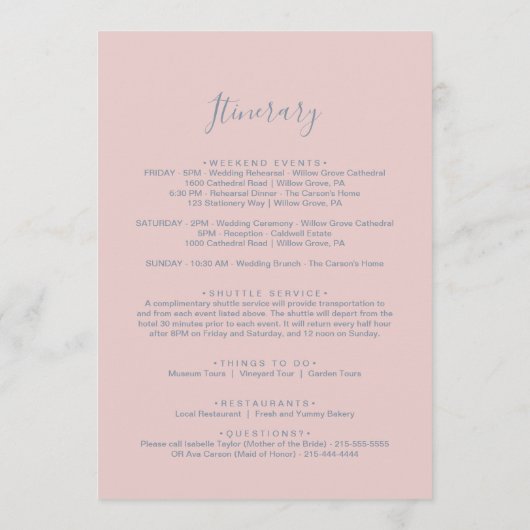 Stoffige Roos Bloemen Welkomstbrief & Reisplan Programmakaart (Achterkant)