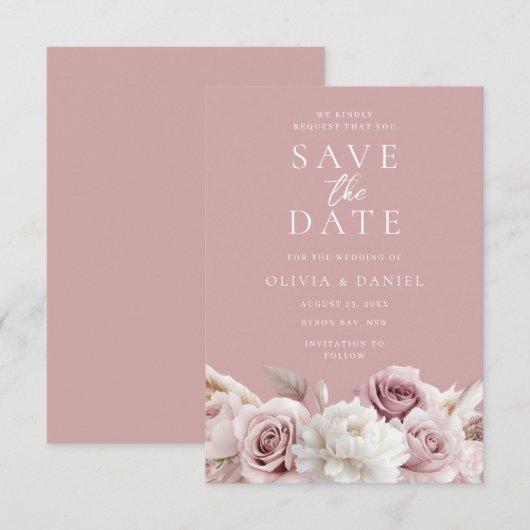 Stoffige Roos & Blush Rozen Elegante Trouwdag Save The Date (Voorkant / Achterkant)