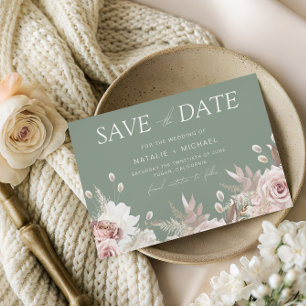 Stoffige Roos, Blush & Sage Boho Bloemige Bruiloft Save The Date