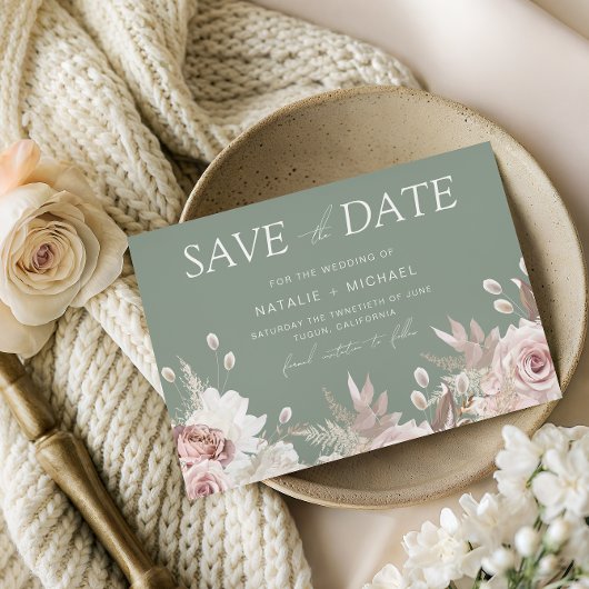 Stoffige Roos, Blush & Sage Boho Bloemige Bruiloft Save The Date