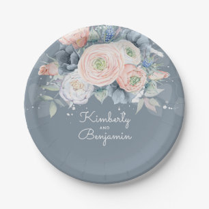 Stoffige Roos en Bleekblauwe Bloem Elegante Trouwd Papieren Bordje